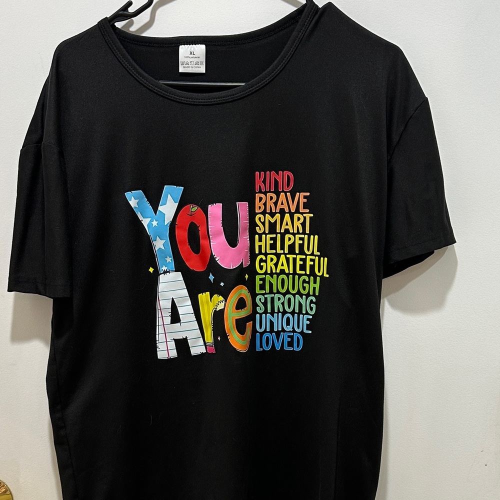 Black Graphic T-Shirt with Colorful Text